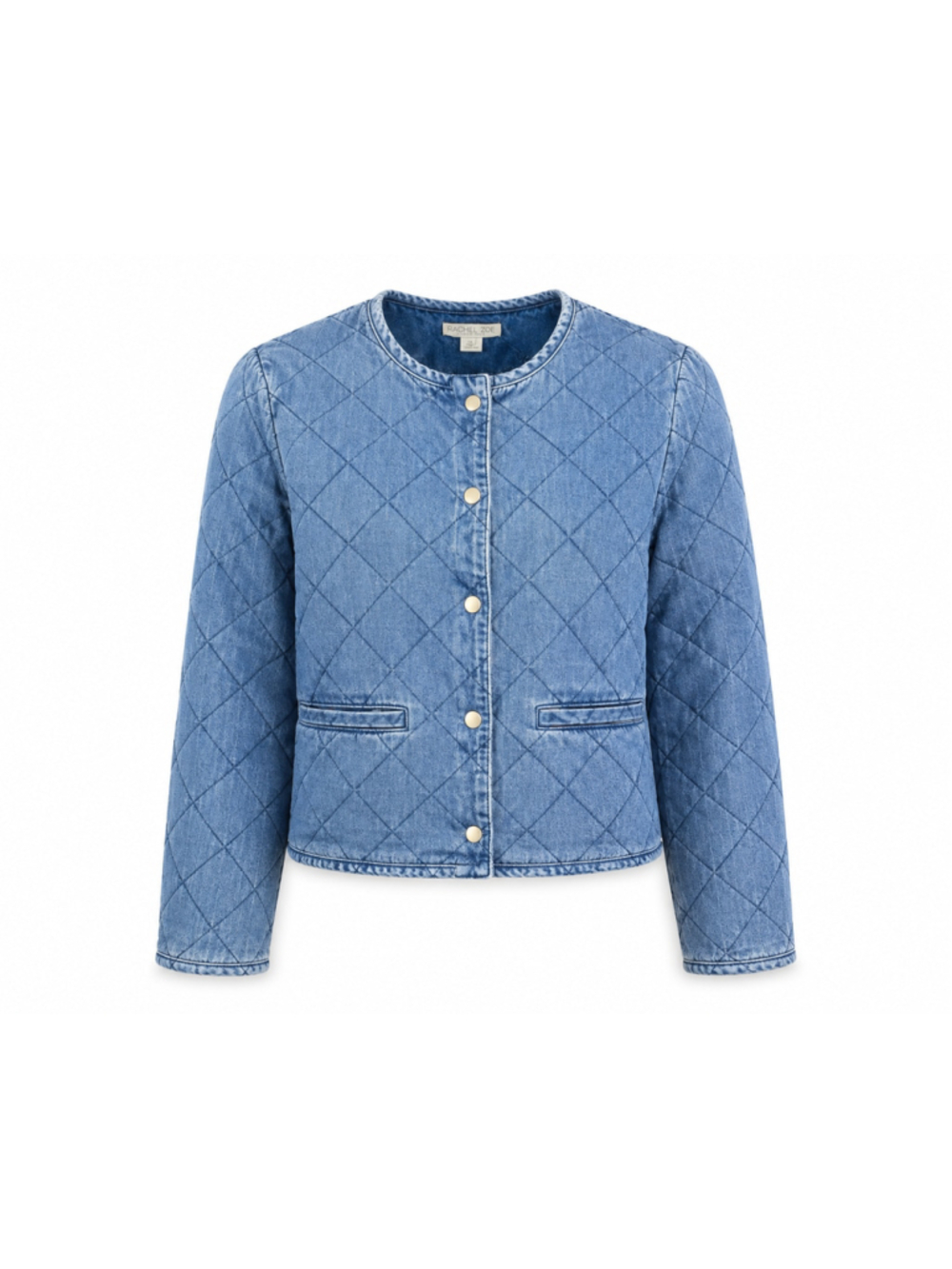 Rachel Zoe Women’s Large Quilted Denim Jacket Blue Snap Front Cropped Lined